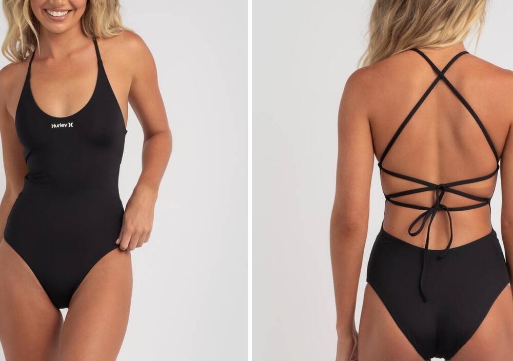 Hurley Black Solid One-Piece Swimsuit lace up open back white logo Medium NWT